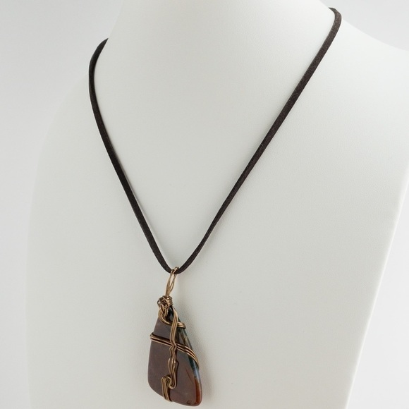 Large Agate Stone Pendant Necklace Copper Wire Wrap Natural Semi Precious NWT - Picture 9 of 12